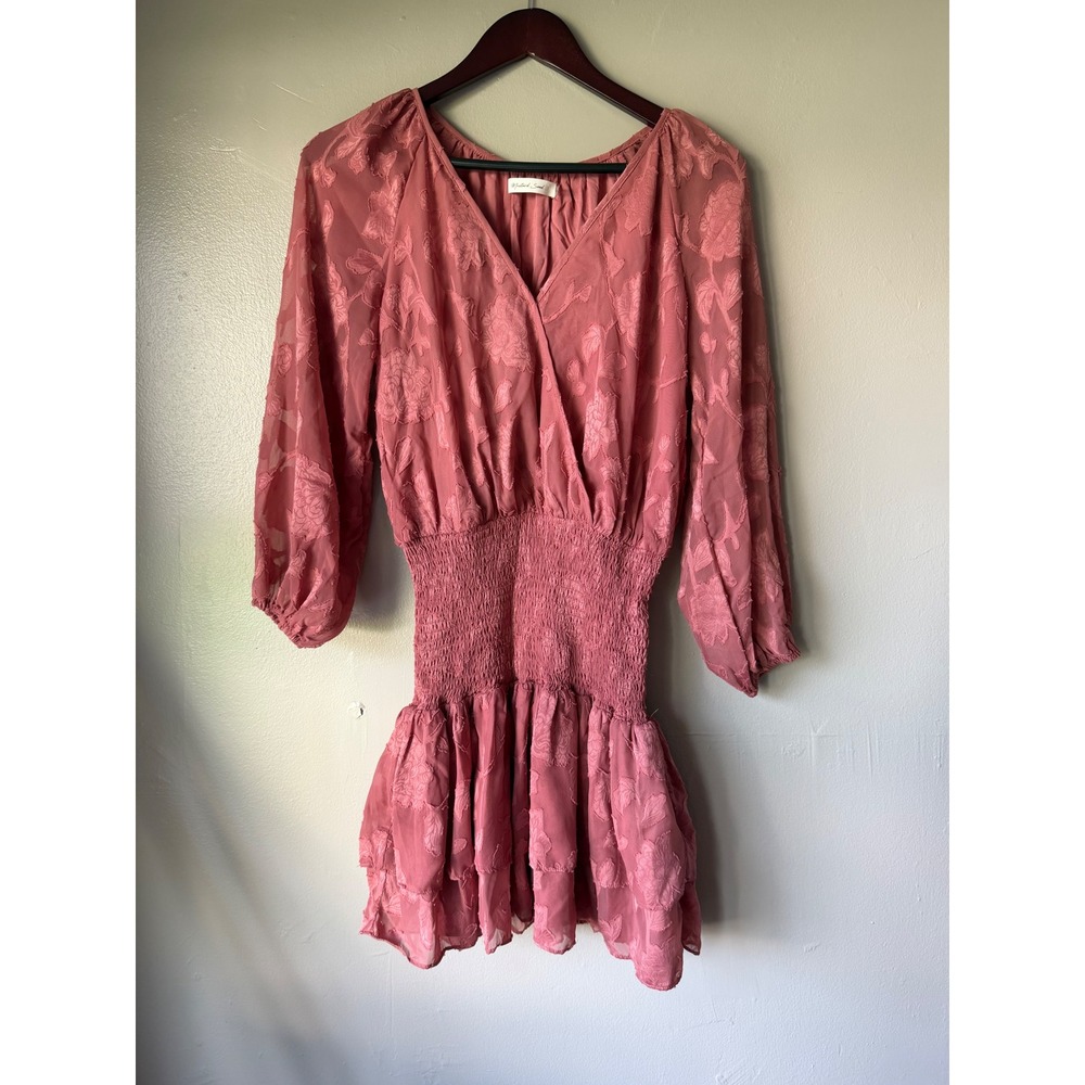 Mustard Seed Rose Pink Floral Jacquard Smocked Wrap Mini Dress Small